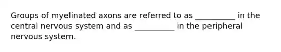 Groups of myelinated axons are referred to as __________ in the central nervous system and as __________ in the peripheral nervous system.