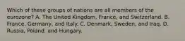 Which of these groups of nations are all members of the eurozone? A. The United Kingdom, France, and Switzerland. B. France, Germany, and Italy. C. Denmark, Sweden, and Iraq. D. Russia, Poland, and Hungary.