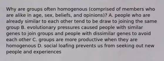 Why are groups often homogenous (comprised of members who are alike in age, sex, beliefs, and opinions)? A. people who are already similar to each other tend to be draw to joining the same group B. evolutionary pressures caused people with similar genes to join groups and people with dissimilar genes to avoid each other C. groups are more productive when they are homogenous D. social loafing prevents us from seeking out new people and experiences