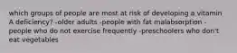 which groups of people are most at risk of developing a vitamin A deficiency? -older adults -people with fat malabsorption -people who do not exercise frequently -preschoolers who don't eat vegetables