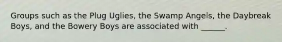 Groups such as the Plug Uglies, the Swamp Angels, the Daybreak Boys, and the Bowery Boys are associated with ______.