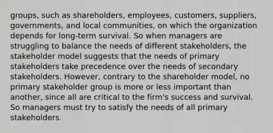 groups, such as shareholders, employees, customers, suppliers, governments, and local communities, on which the organization depends for long-term survival. So when managers are struggling to balance the needs of different stakeholders, the stakeholder model suggests that the needs of primary stakeholders take precedence over the needs of secondary stakeholders. However, contrary to the shareholder model, no primary stakeholder group is more or less important than another, since all are critical to the firm's success and survival. So managers must try to satisfy the needs of all primary stakeholders.