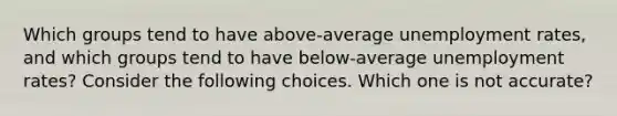 Which groups tend to have​ above-average unemployment​ rates, and which groups tend to have​ below-average unemployment​ rates? Consider the following choices. Which one is not​ accurate?