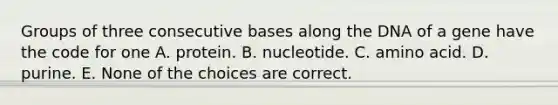 Groups of three consecutive bases along the DNA of a gene have the code for one A. protein. B. nucleotide. C. amino acid. D. purine. E. None of the choices are correct.