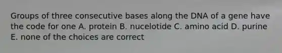 Groups of three consecutive bases along the DNA of a gene have the code for one A. protein B. nucelotide C. amino acid D. purine E. none of the choices are correct