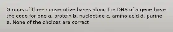 Groups of three consecutive bases along the DNA of a gene have the code for one a. protein b. nucleotide c. amino acid d. purine e. None of the choices are correct