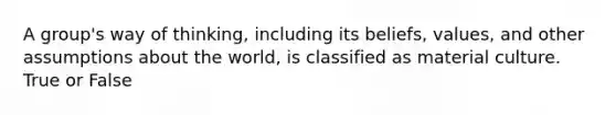 A group's way of thinking, including its beliefs, values, and other assumptions about the world, is classified as material culture. True or False