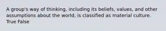 A group's way of thinking, including its beliefs, values, and other assumptions about the world, is classified as material culture. True False