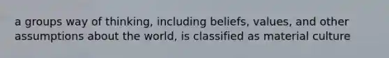 a groups way of thinking, including beliefs, values, and other assumptions about the world, is classified as material culture