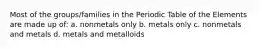 Most of the groups/families in the Periodic Table of the Elements are made up of: a. nonmetals only b. metals only c. nonmetals and metals d. metals and metalloids