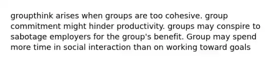 groupthink arises when groups are too cohesive. group commitment might hinder productivity. groups may conspire to sabotage employers for the group's benefit. Group may spend more time in social interaction than on working toward goals