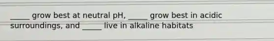 _____ grow best at neutral pH, _____ grow best in acidic surroundings, and _____ live in alkaline habitats