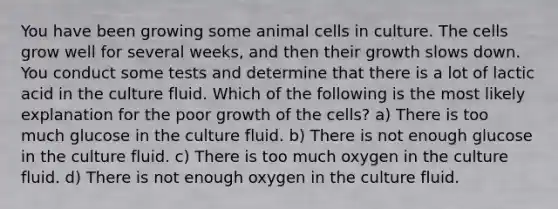 You have been growing some animal cells in culture. The cells grow well for several weeks, and then their growth slows down. You conduct some tests and determine that there is a lot of lactic acid in the culture fluid. Which of the following is the most likely explanation for the poor growth of the cells? a) There is too much glucose in the culture fluid. b) There is not enough glucose in the culture fluid. c) There is too much oxygen in the culture fluid. d) There is not enough oxygen in the culture fluid.