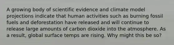 A growing body of scientific evidence and climate model projections indicate that human activities such as burning fossil fuels and deforestation have released and will continue to release large amounts of carbon dioxide into the atmosphere. As a result, global surface temps are rising. Why might this be so?