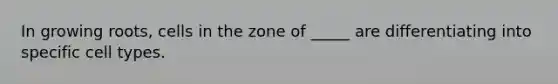 In growing roots, cells in the zone of _____ are differentiating into specific cell types.