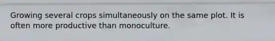 Growing several crops simultaneously on the same plot. It is often more productive than monoculture.