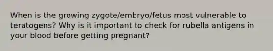 When is the growing zygote/embryo/fetus most vulnerable to teratogens? Why is it important to check for rubella antigens in your blood before getting pregnant?