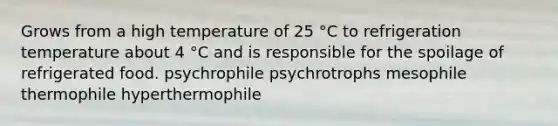 Grows from a high temperature of 25 °C to refrigeration temperature about 4 °C and is responsible for the spoilage of refrigerated food. psychrophile psychrotrophs mesophile thermophile hyperthermophile