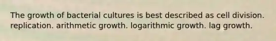 The growth of bacterial cultures is best described as cell division. replication. arithmetic growth. logarithmic growth. lag growth.