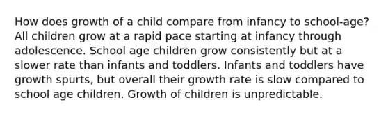 How does growth of a child compare from infancy to school-age? All children grow at a rapid pace starting at infancy through adolescence. School age children grow consistently but at a slower rate than infants and toddlers. Infants and toddlers have growth spurts, but overall their growth rate is slow compared to school age children. Growth of children is unpredictable.