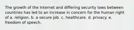 The growth of the Internet and differing security laws between countries has led to an increase in concern for the human right of a. religion. b. a secure job. c. healthcare. d. privacy. e. freedom of speech.