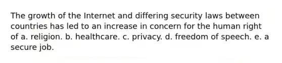 The growth of the Internet and differing security laws between countries has led to an increase in concern for the human right of a. religion. b. healthcare. c. privacy. d. freedom of speech. e. a secure job.