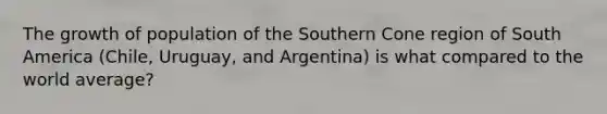 The growth of population of the Southern Cone region of South America (Chile, Uruguay, and Argentina) is what compared to the world average?