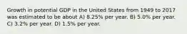 Growth in potential GDP in the United States from 1949 to 2017 was estimated to be about A) 8.25% per year. B) 5.0% per year. C) 3.2% per year. D) 1.5% per year.