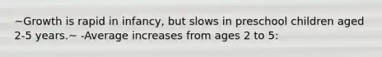 ~Growth is rapid in infancy, but slows in preschool children aged 2-5 years.~ -Average increases from ages 2 to 5:
