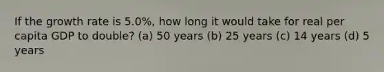 If the growth rate is 5.0%, how long it would take for real per capita GDP to double? (a) 50 years (b) 25 years (c) 14 years (d) 5 years