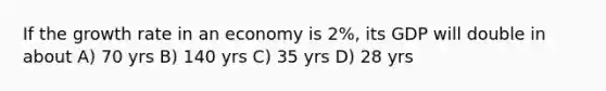 If the growth rate in an economy is 2%, its GDP will double in about A) 70 yrs B) 140 yrs C) 35 yrs D) 28 yrs