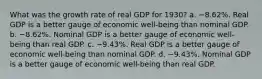 What was the growth rate of real GDP for 1930? a. −8.62%. Real GDP is a better gauge of economic well-being than nominal GDP. b. −8.62%. Nominal GDP is a better gauge of economic well-being than real GDP. c. −9.43%. Real GDP is a better gauge of economic well-being than nominal GDP. d. −9.43%. Nominal GDP is a better gauge of economic well-being than real GDP.