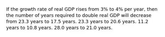 If the growth rate of real GDP rises from 3% to 4% per year, then the number of years required to double real GDP will decrease from 23.3 years to 17.5 years. 23.3 years to 20.6 years. 11.2 years to 10.8 years. 28.0 years to 21.0 years.