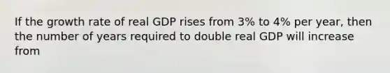 If the growth rate of real GDP rises from 3% to 4% per year, then the number of years required to double real GDP will increase from