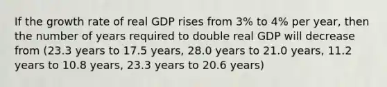 If the growth rate of real GDP rises from 3% to 4% per year, then the number of years required to double real GDP will decrease from (23.3 years to 17.5 years, 28.0 years to 21.0 years, 11.2 years to 10.8 years, 23.3 years to 20.6 years)