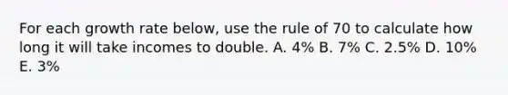 For each growth rate below, use the rule of 70 to calculate how long it will take incomes to double. A. 4% B. 7% C. 2.5% D. 10% E. 3%