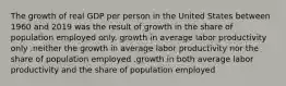 The growth of real GDP per person in the United States between 1960 and 2019 was the result of growth in the share of population employed only. growth in average labor productivity only .neither the growth in average labor productivity nor the share of population employed .growth in both average labor productivity and the share of population employed