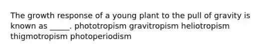 The growth response of a young plant to the pull of gravity is known as _____. phototropism gravitropism heliotropism thigmotropism photoperiodism