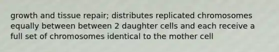 growth and tissue repair; distributes replicated chromosomes equally between between 2 daughter cells and each receive a full set of chromosomes identical to the mother cell