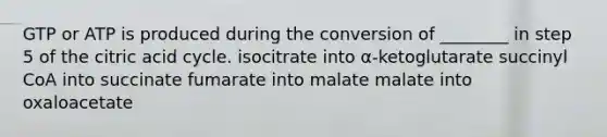 GTP or ATP is produced during the conversion of ________ in step 5 of the citric acid cycle. isocitrate into α-ketoglutarate succinyl CoA into succinate fumarate into malate malate into oxaloacetate