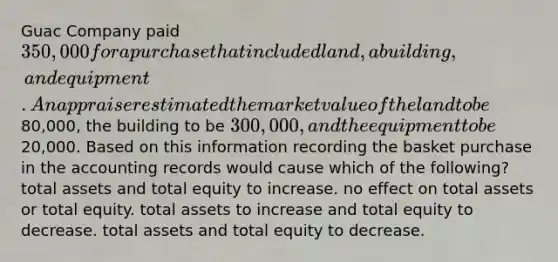 Guac Company paid 350,000 for a purchase that included land, a building, and equipment. An appraiser estimated the market value of the land to be80,000, the building to be 300,000, and the equipment to be20,000. Based on this information recording the basket purchase in the accounting records would cause which of the following? total assets and total equity to increase. no effect on total assets or total equity. total assets to increase and total equity to decrease. total assets and total equity to decrease.