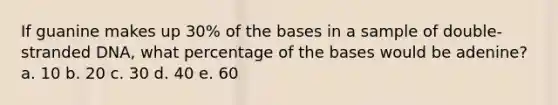 If guanine makes up 30% of the bases in a sample of double-stranded DNA, what percentage of the bases would be adenine? a. 10 b. 20 c. 30 d. 40 e. 60