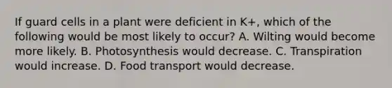 If guard cells in a plant were deficient in K+, which of the following would be most likely to occur? A. Wilting would become more likely. B. Photosynthesis would decrease. C. Transpiration would increase. D. Food transport would decrease.