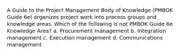 A Guide to the Project Management Body of Knowledge (PMBOK Guide 6e) organizes project work into process groups and knowledge areas. Which of the following is not PMBOK Guide 6e Knowledge Area? a. Procurement management b. Integration management c. Execution management d. Communications management