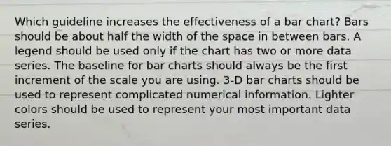 Which guideline increases the effectiveness of a bar chart? Bars should be about half the width of the space in between bars. A legend should be used only if the chart has two or more data series. The baseline for bar charts should always be the first increment of the scale you are using. 3-D bar charts should be used to represent complicated numerical information. Lighter colors should be used to represent your most important data series.