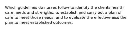 Which guidelines do nurses follow to identify the clients health care needs and strengths, to establish and carry out a plan of care to meet those needs, and to evaluate the effectiveness the plan to meet established outcomes.