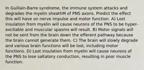 In Guillain-Barre syndrome, the immune system attacks and degrades the myelin sheathM of PNS axons. Predict the effect this will have on nerve impulse and motor function. A) Lost insulation from myelin will cause neurons of the PNS to be hyper-excitable and muscular spasms will result. B) Motor signals will not be sent from the brain down the efferent pathway because the brain cannot generate them. C) The brain will slowly degrade and various brain functions will be lost, including motor functions. D) Lost insulation from myelin will cause neurons of the PNS to lose saltatory conduction, resulting in poor muscle function.