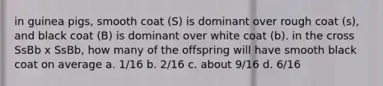 in guinea pigs, smooth coat (S) is dominant over rough coat (s), and black coat (B) is dominant over white coat (b). in the cross SsBb x SsBb, how many of the offspring will have smooth black coat on average a. 1/16 b. 2/16 c. about 9/16 d. 6/16