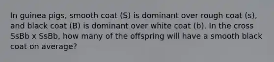 In guinea pigs, smooth coat (S) is dominant over rough coat (s), and black coat (B) is dominant over white coat (b). In the cross SsBb x SsBb, how many of the offspring will have a smooth black coat on average?