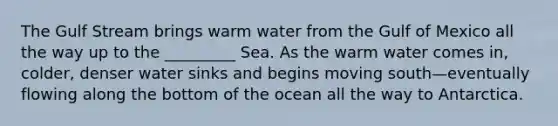 The Gulf Stream brings warm water from the Gulf of Mexico all the way up to the _________ Sea. As the warm water comes in, colder, denser water sinks and begins moving south—eventually flowing along the bottom of the ocean all the way to Antarctica.